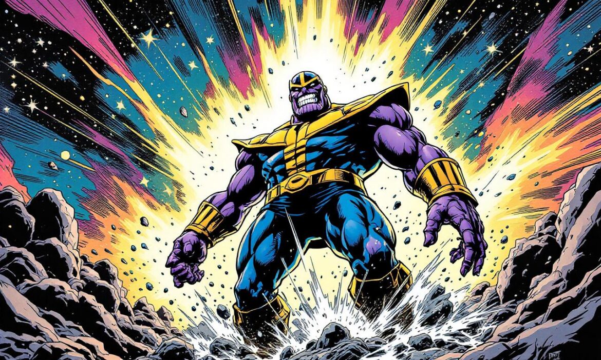 Танос, злодей Marvel, изображенный в стиле комиксов 1980-х годов, стоит на космическом поле битвы.